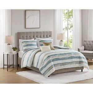 No Brand - 5pc Queen Watercolor Striped Bedding Set Blue Multicolored